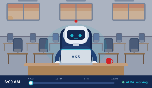 An AI.RA employee works at its desk from 6 AM to midnight while the team arrives and leaves around it
